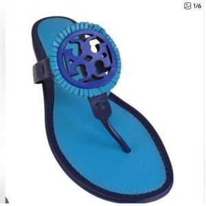 TORY BURCH Miller Fringe Turquoise & Blue Leather Sandals Sz 8